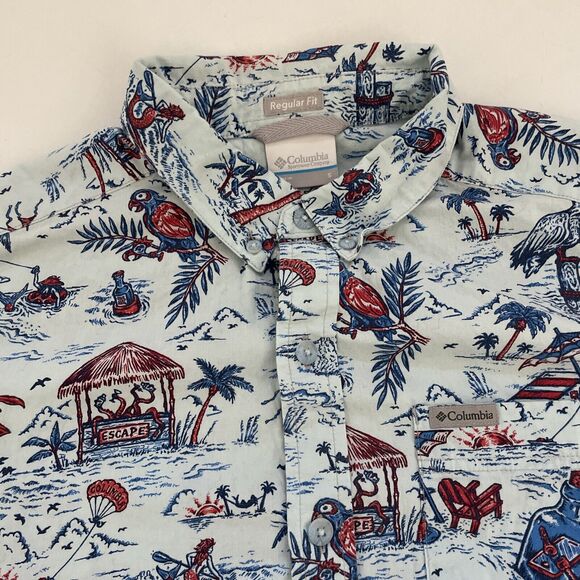 Columbia Hawaiian Shirt Button Up Small Beachy Outdoorsy Preppy‎ All Over Print - Picture 2 of 8